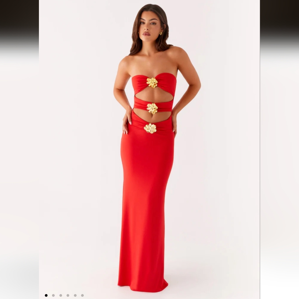 Peppermayo Strapless Red Dress with Gold Floral Accents